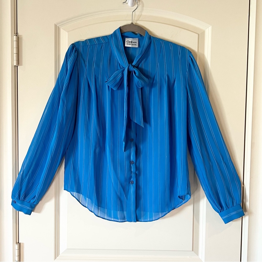 Vintage California Connections 1980s Blue Pinstripe Tie-Neck Blouse, Size Medium